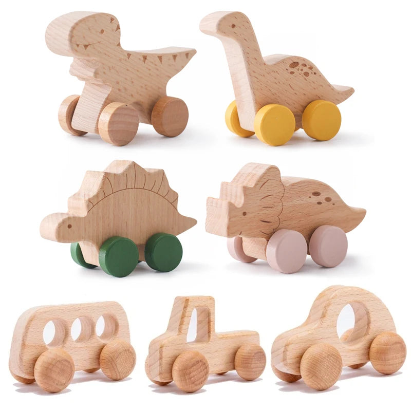 Beech Wood Dinosaur Car Teether - Montessori Baby Toy