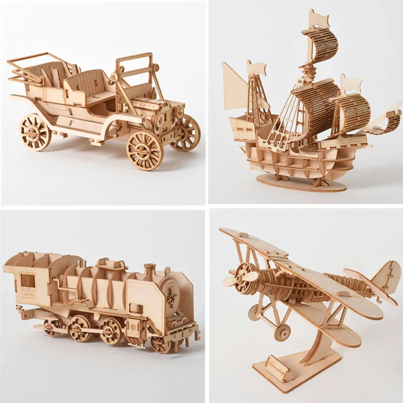 3D Wooden Puzzle Kit – Sailing Ship, Biplane, Steam Train