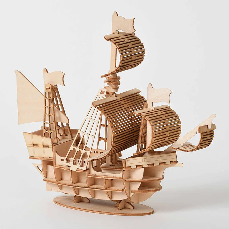 3D Wooden Puzzle Kit – Sailing Ship, Biplane, Steam Train