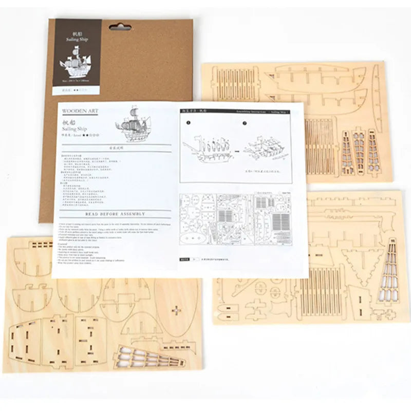 3D Wooden Puzzle Kit – Sailing Ship, Biplane, Steam Train