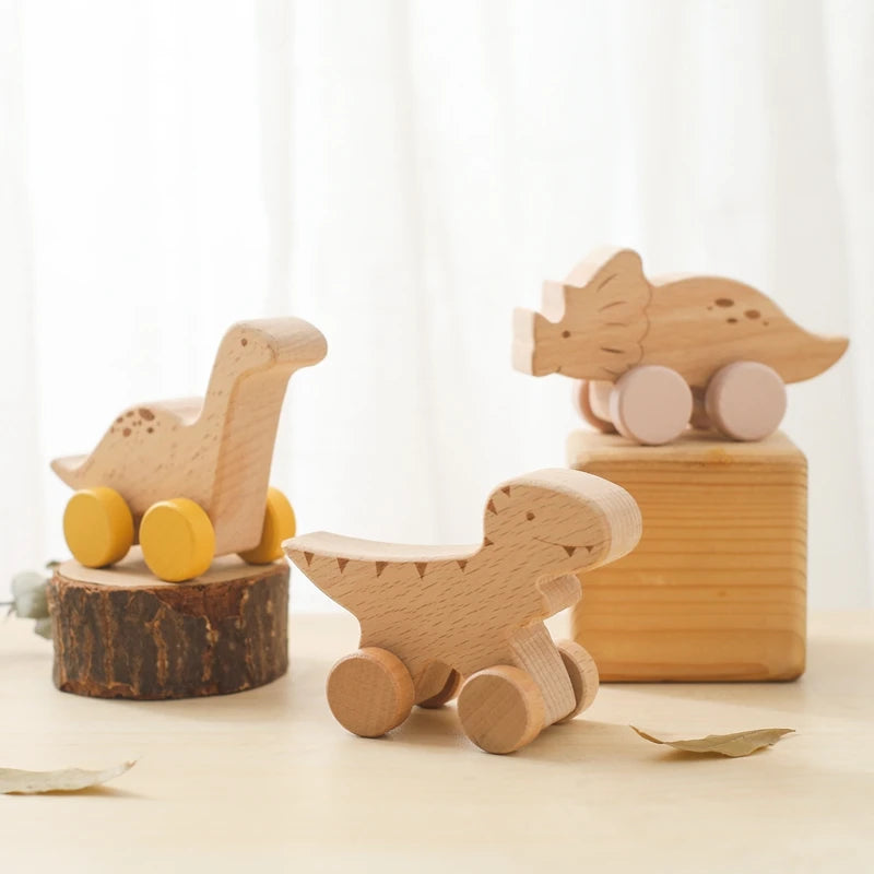 Beech Wood Dinosaur Car Teether - Montessori Baby Toy